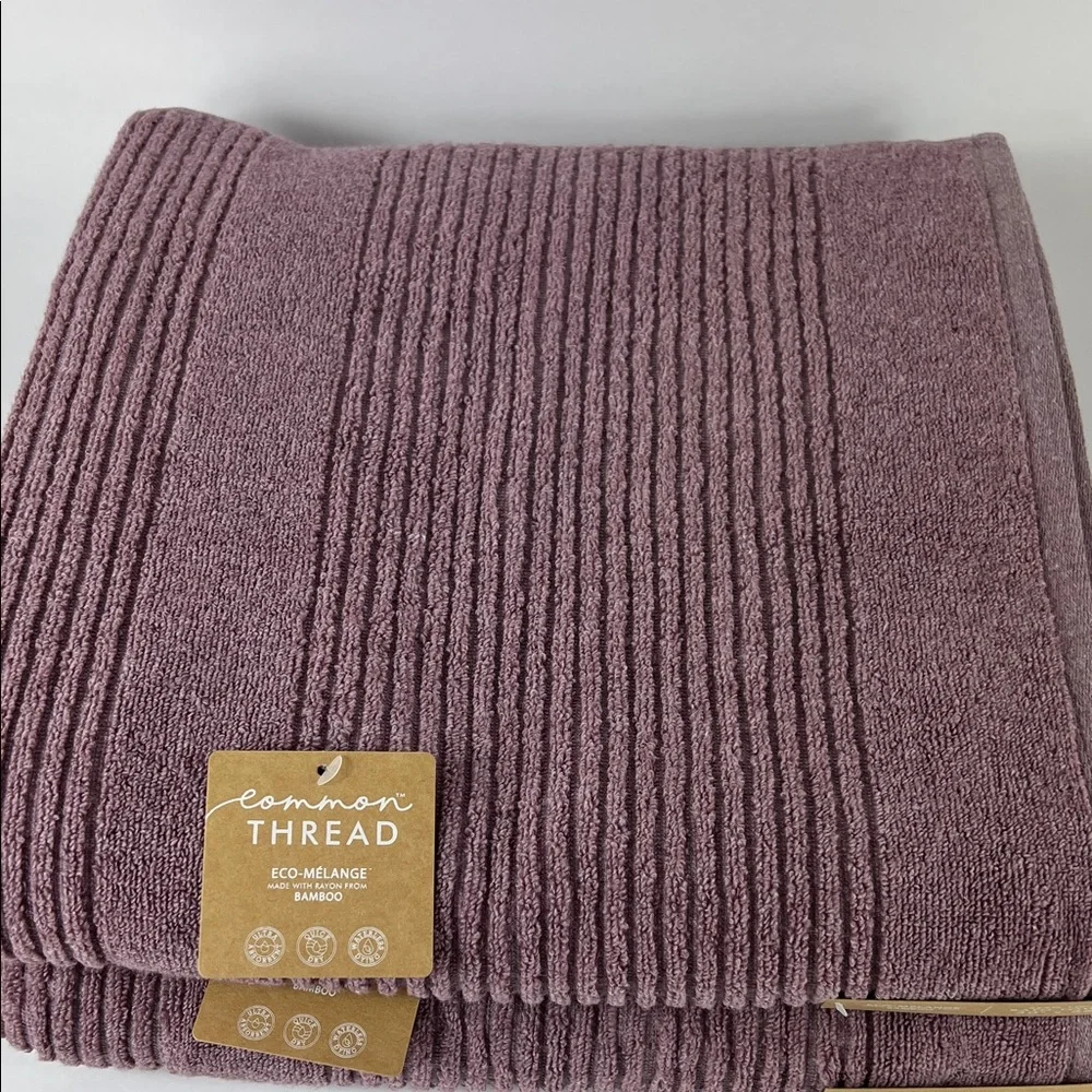 2pc Common Thread Bamboo Bath Towels Purple Mauve Zero Twist Soft Cotton NEW